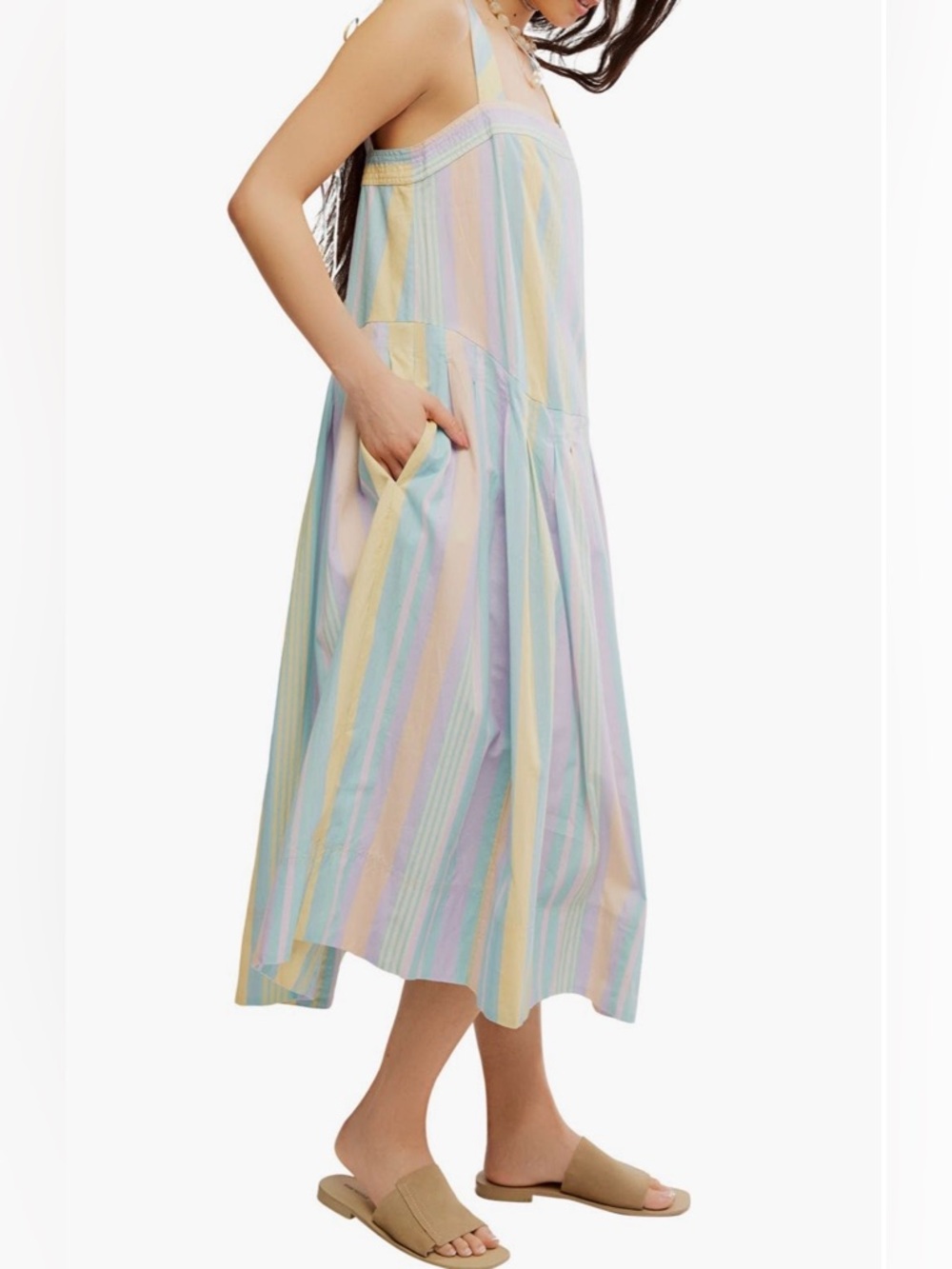 FREE PeOPLE NWT 100% Cotton, Striped Suspender Midi Dress pleats, dropped waist - Picture 4 of 11